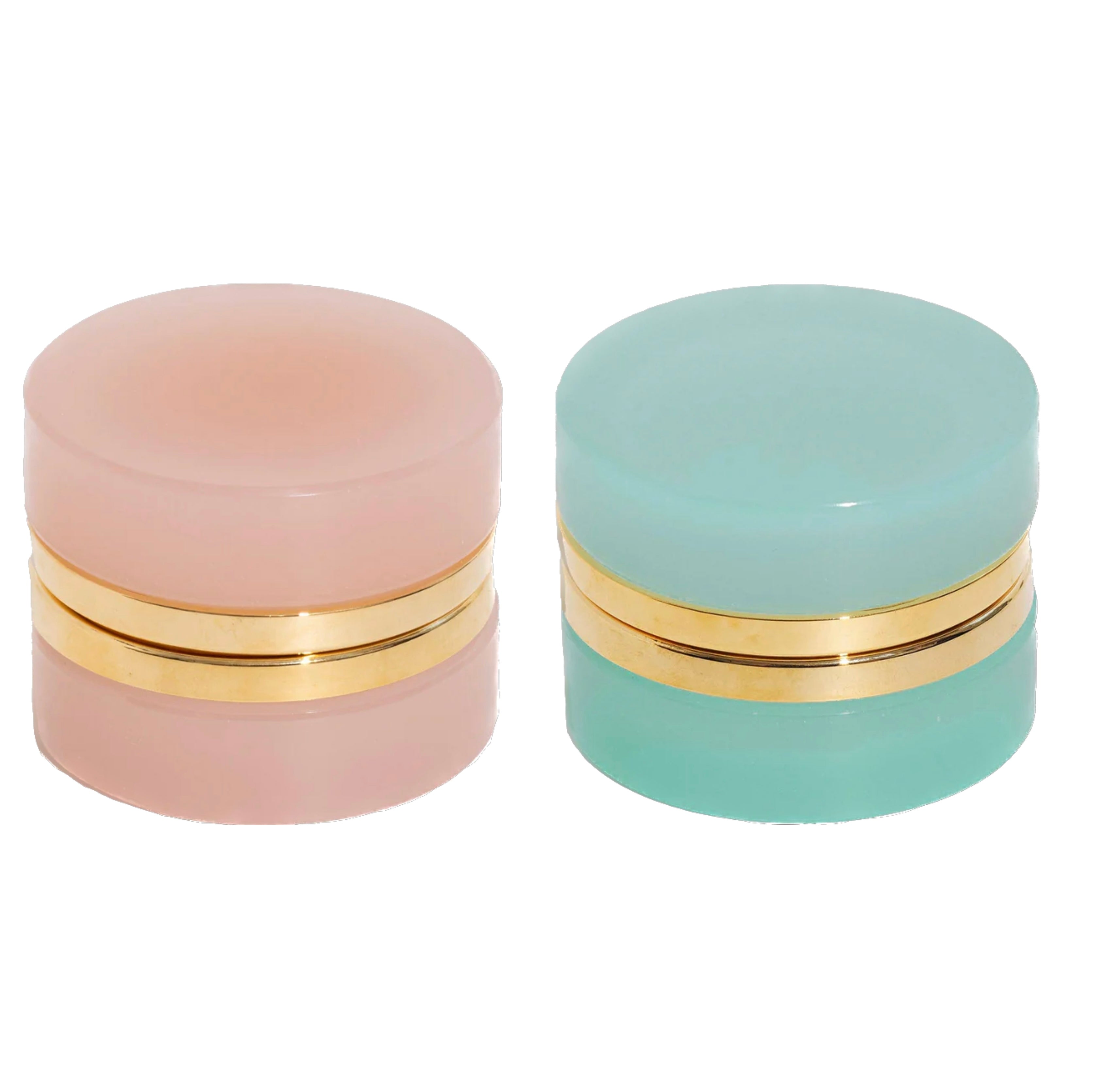 Small Round Pink & Aqua Opaline Glass Box Pair